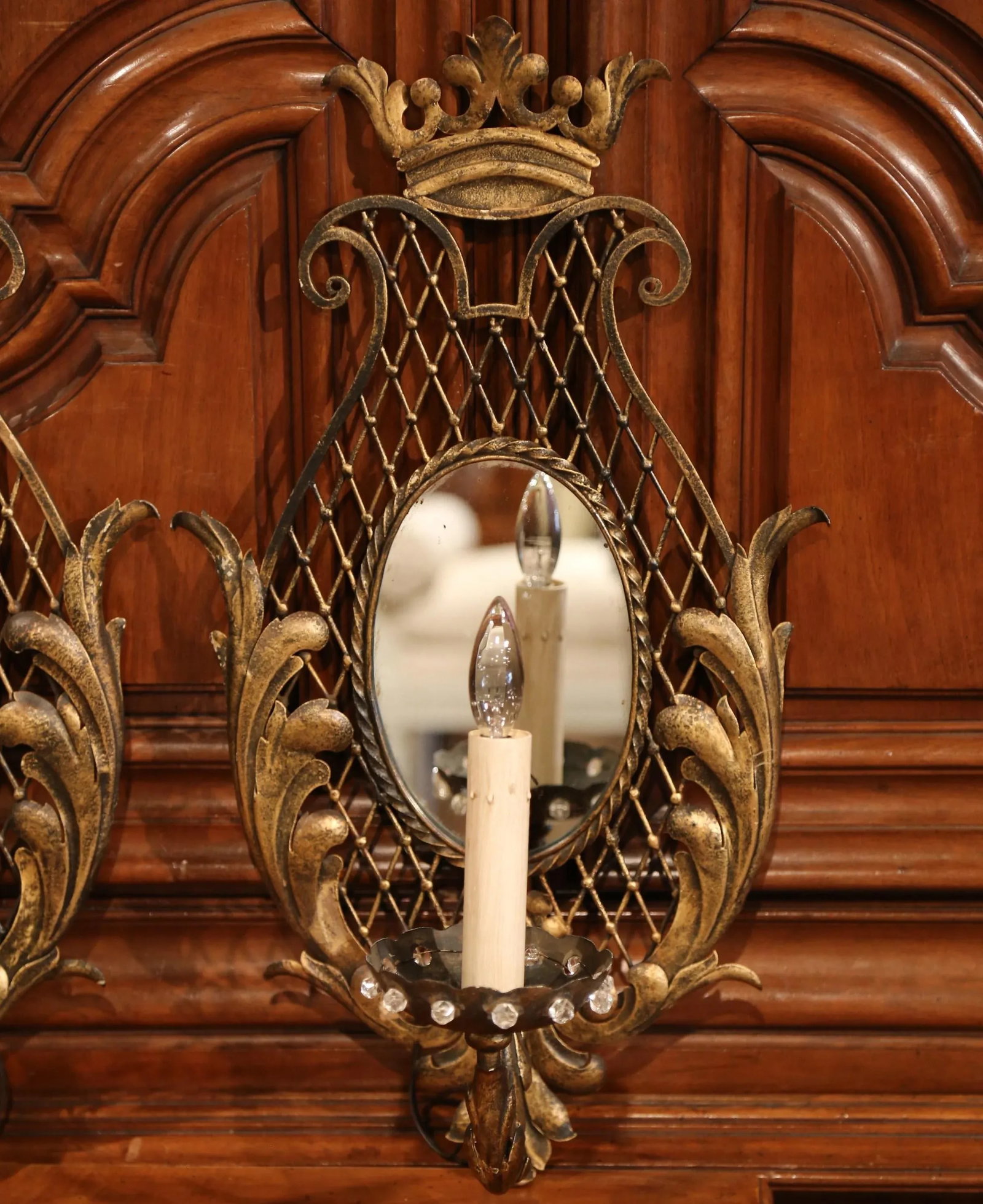 Early 20th Century French Iron Wall Sconces With Crystal and Mirror - a Pair - 4