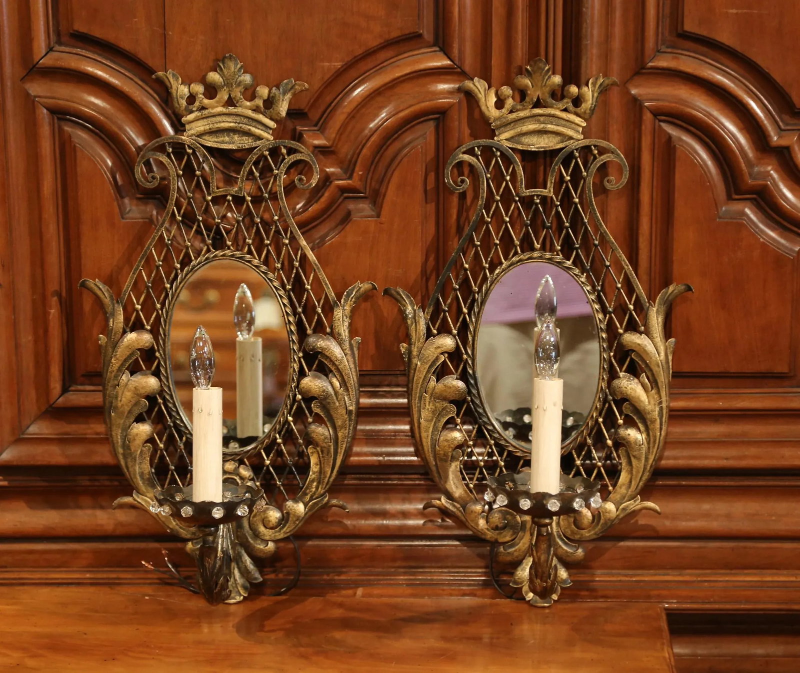 Early 20th Century French Iron Wall Sconces With Crystal and Mirror - a Pair - 5