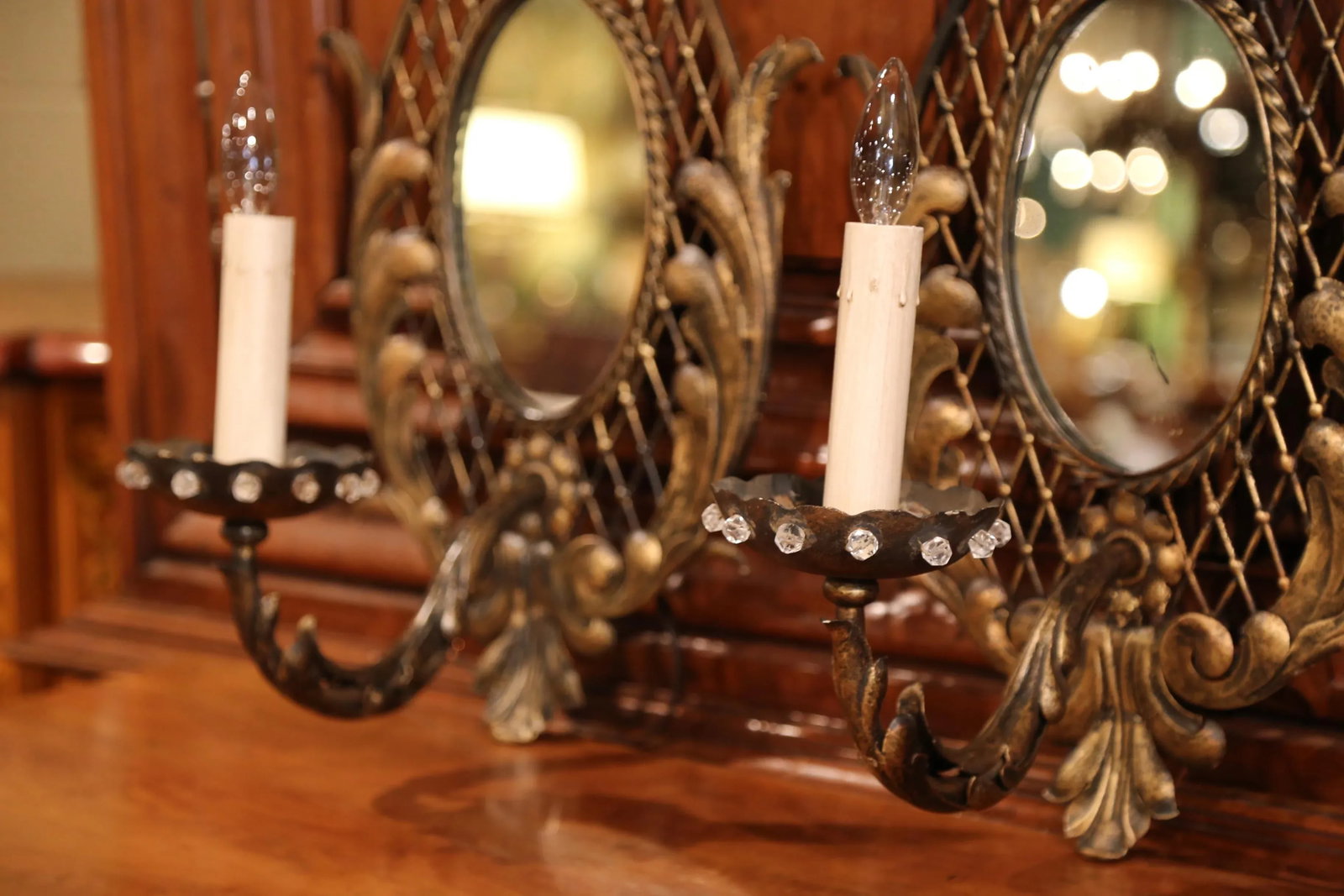 Early 20th Century French Iron Wall Sconces With Crystal and Mirror - a Pair - 6