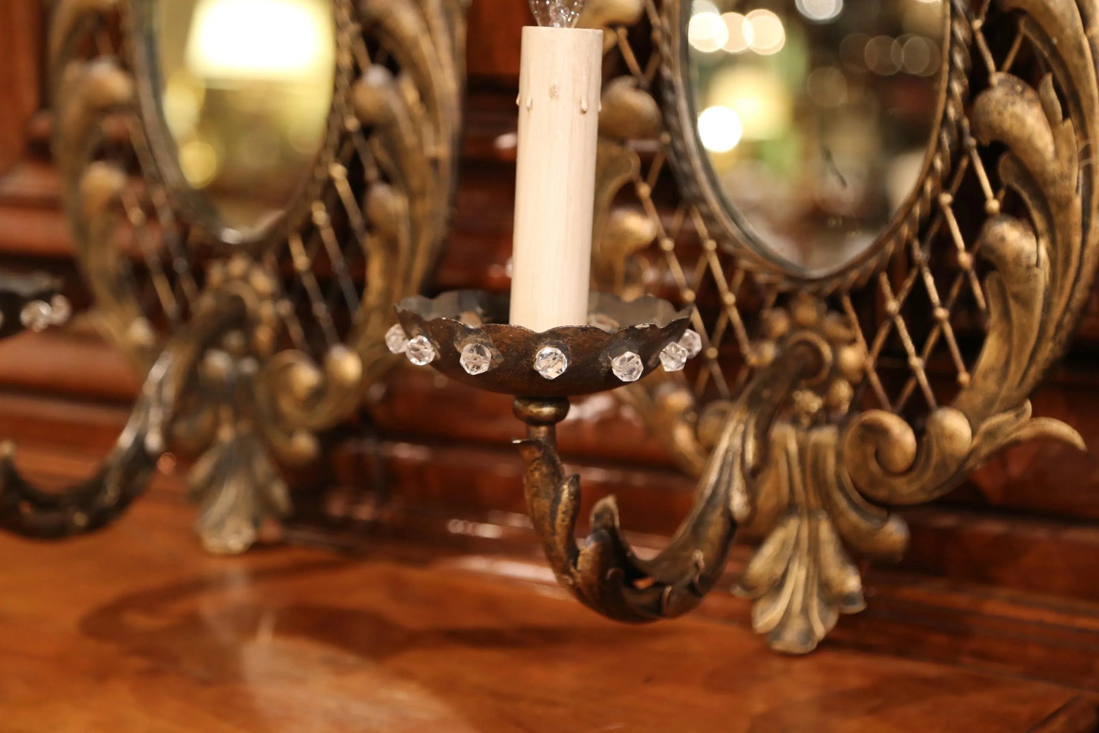 Early 20th Century French Iron Wall Sconces With Crystal and Mirror - a Pair - 7