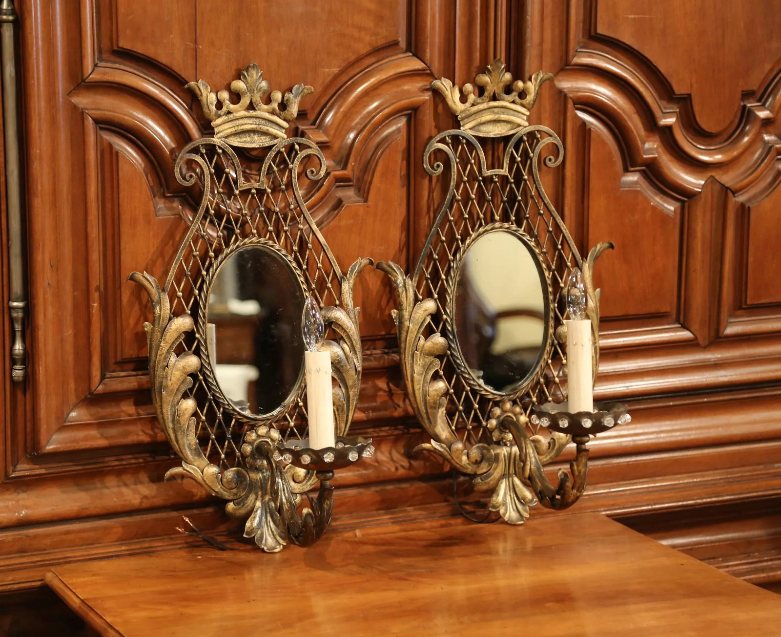 Early 20th Century French Iron Wall Sconces With Crystal and Mirror - a Pair - 8