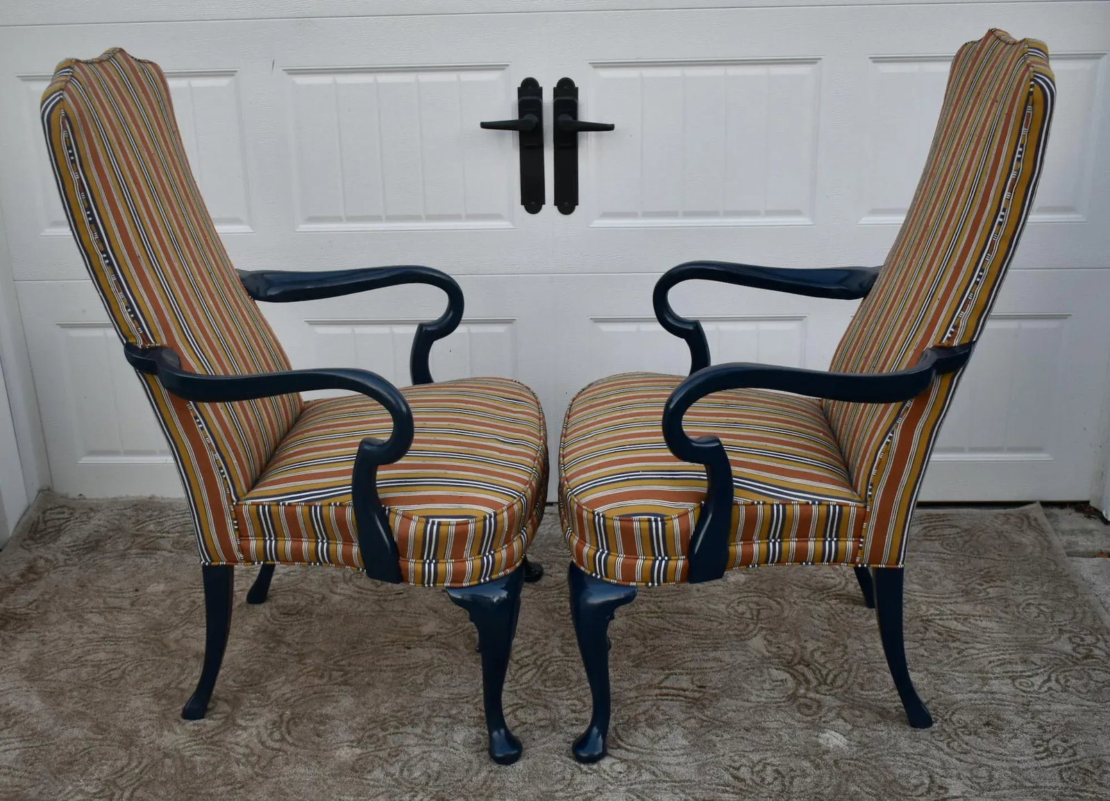 Hickory Chair High Back Armchairs Vintage Hollywood Regency Striped Accent Pair - 3