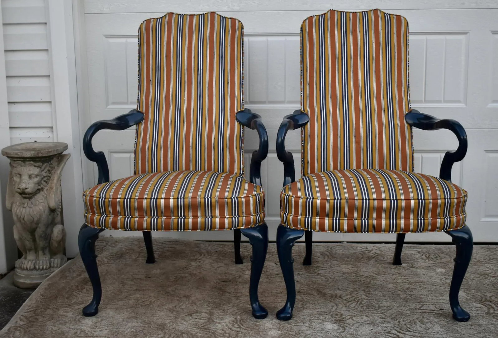 Hickory Chair High Back Armchairs Vintage Hollywood Regency Striped Accent Pair - 4