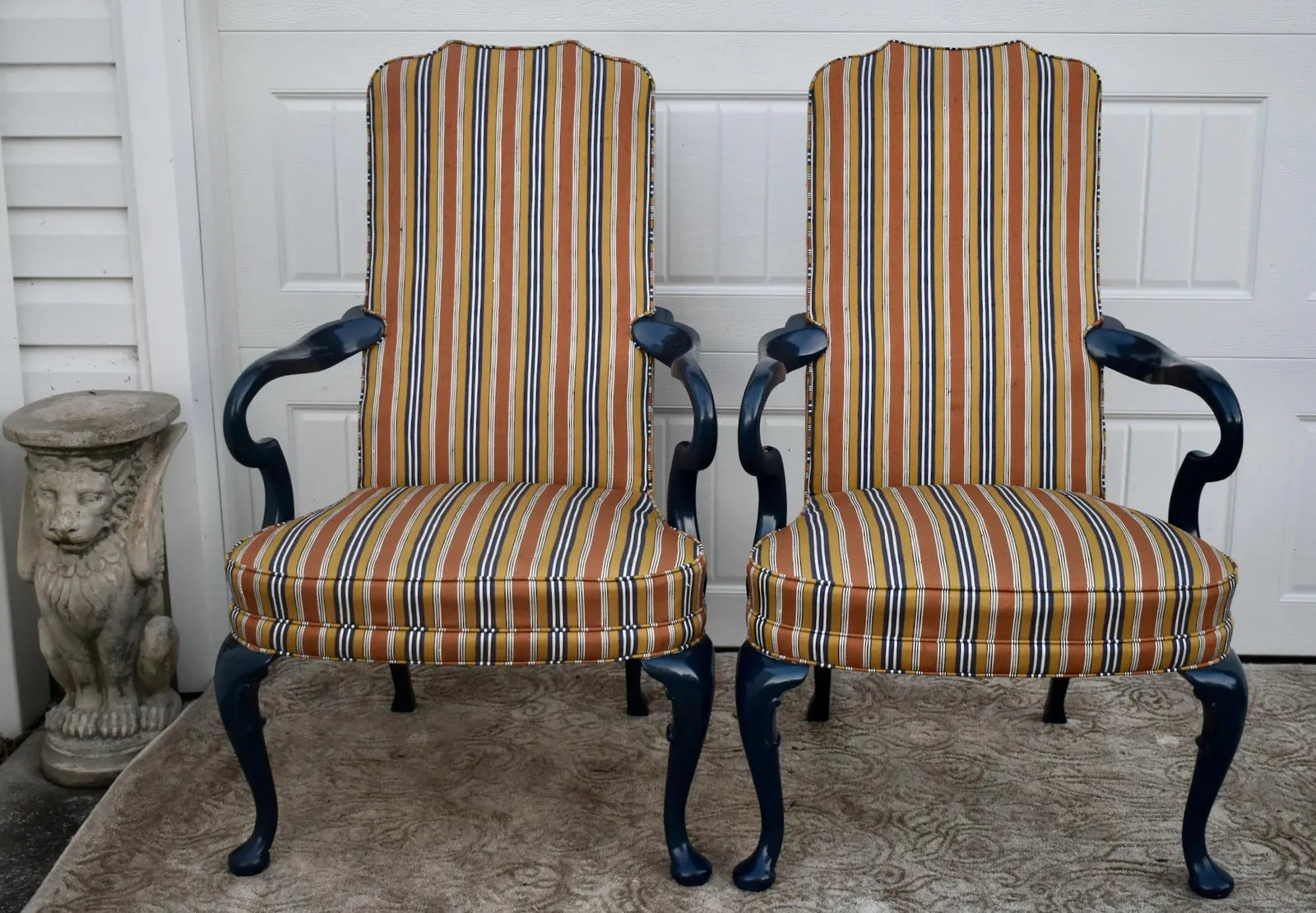 Hickory Chair High Back Armchairs Vintage Hollywood Regency Striped Accent Pair - 6