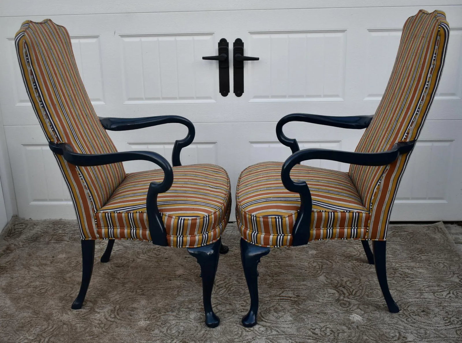 Hickory Chair High Back Armchairs Vintage Hollywood Regency Striped Accent Pair - 7