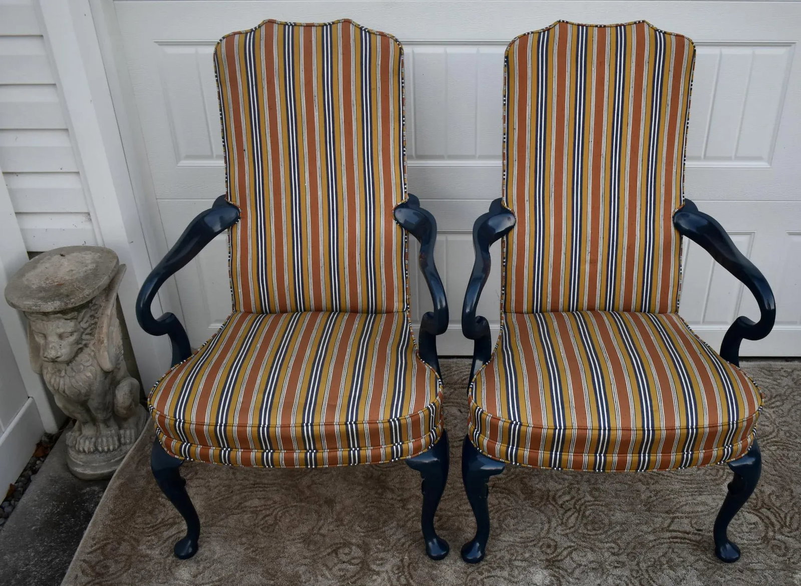 Hickory Chair High Back Armchairs Vintage Hollywood Regency Striped Accent Pair - 9