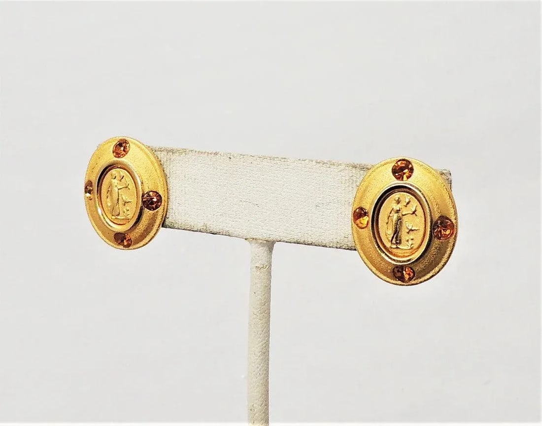 Vintage Signed Napier Goldtone Intaglio Pierced Earrings - 2 Pieces - 2