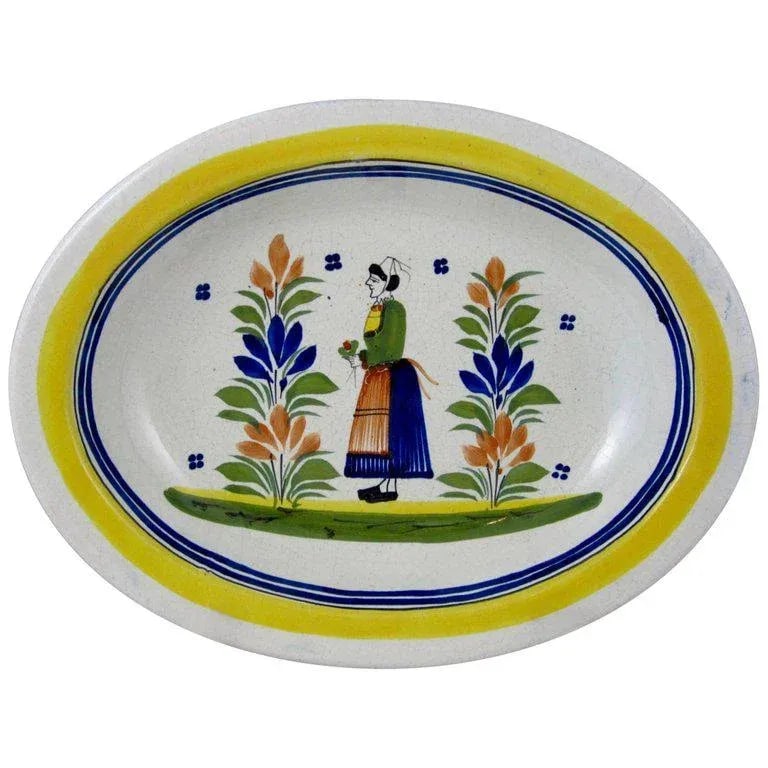 HenRiot Quimper Oval Faience Bowl, Femme de la Campagne Breton - 9