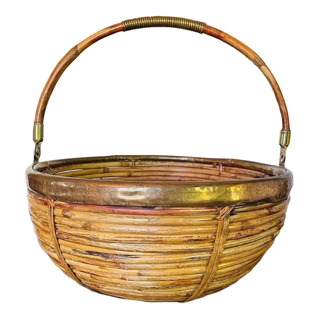 1960s Vintage Gabriella Crespi Style Rattan and Brass Basket With Handle (1 of 9)