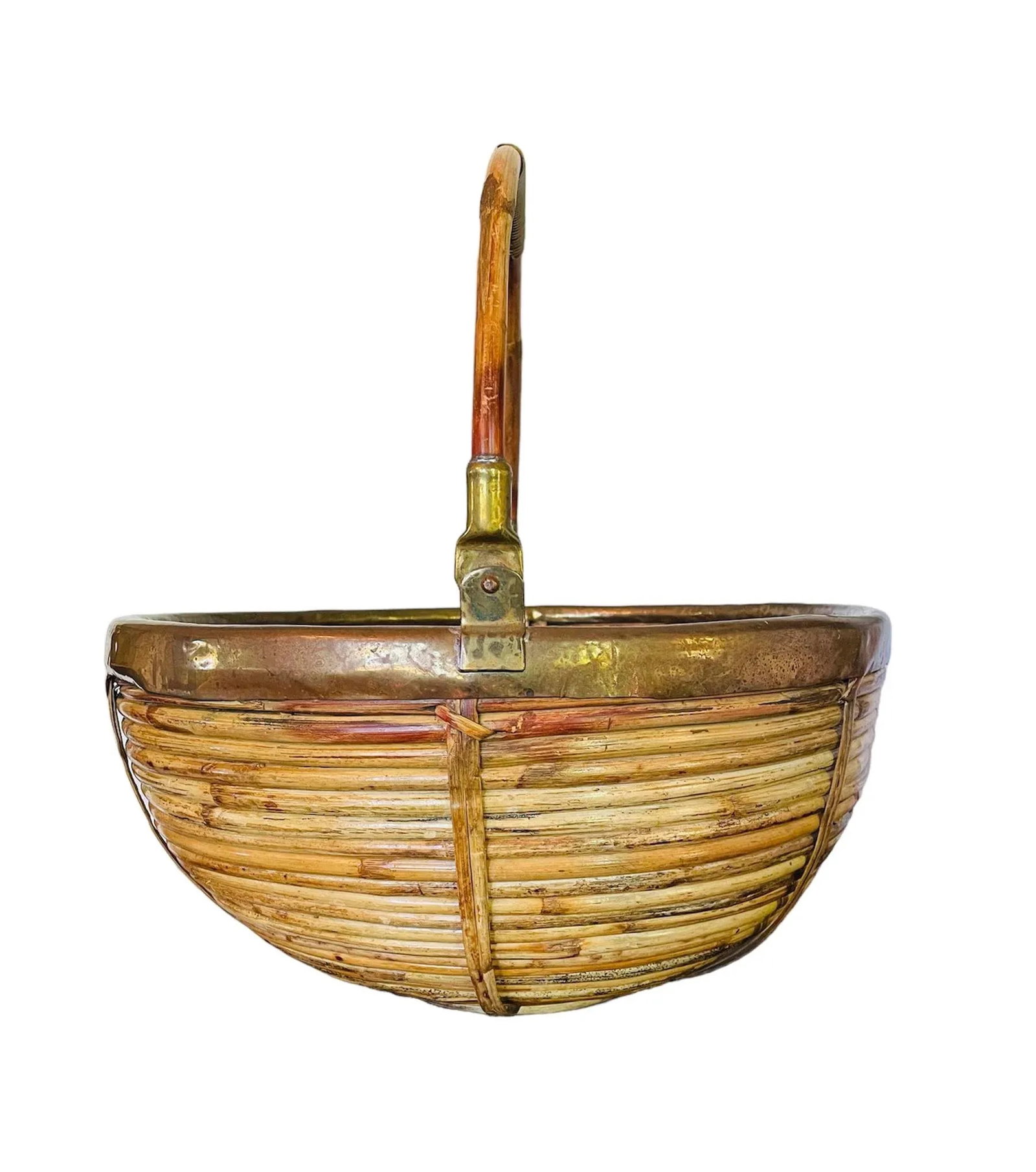 1960s Vintage Gabriella Crespi Style Rattan and Brass Basket With Handle - 2