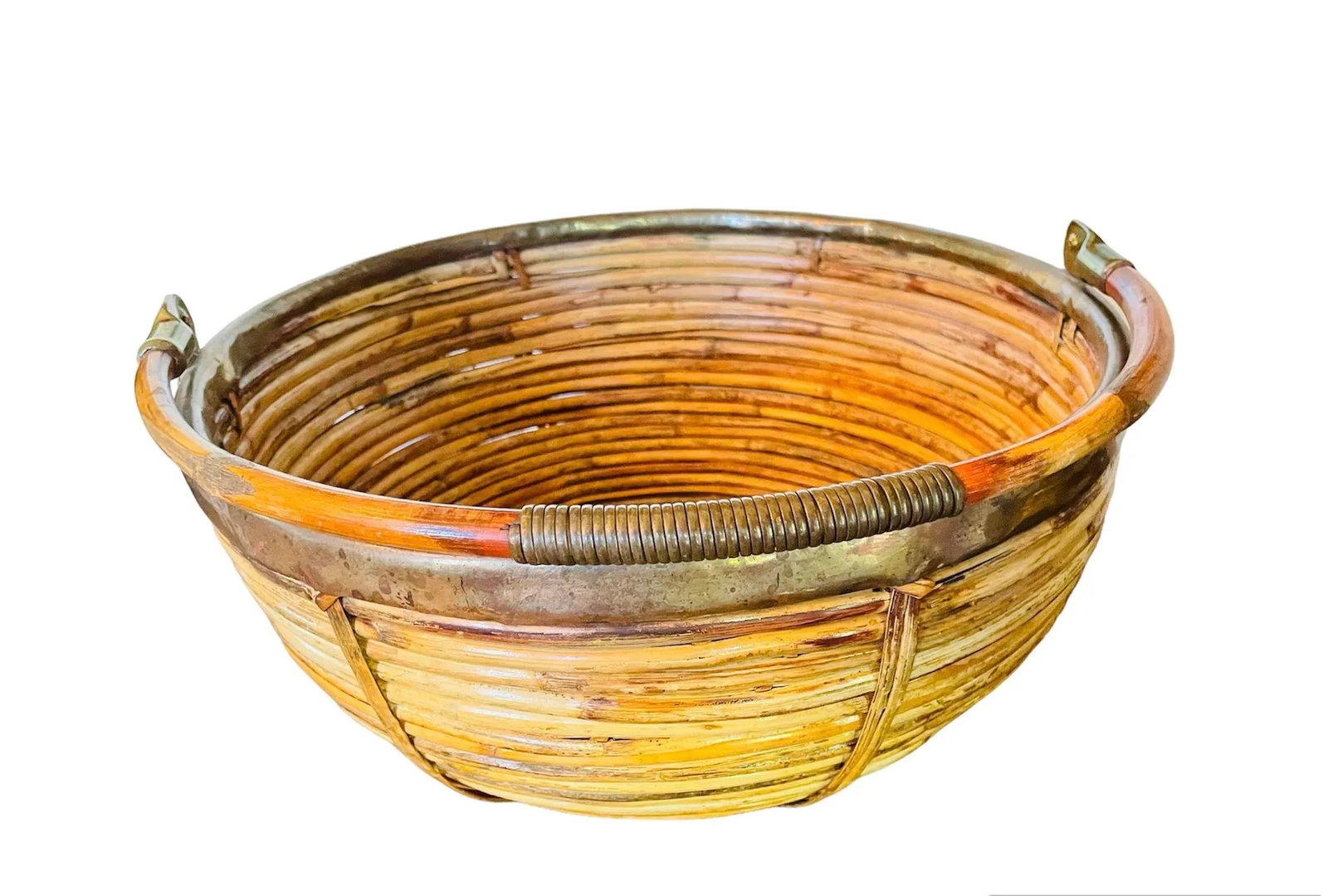1960s Vintage Gabriella Crespi Style Rattan and Brass Basket With Handle - 5