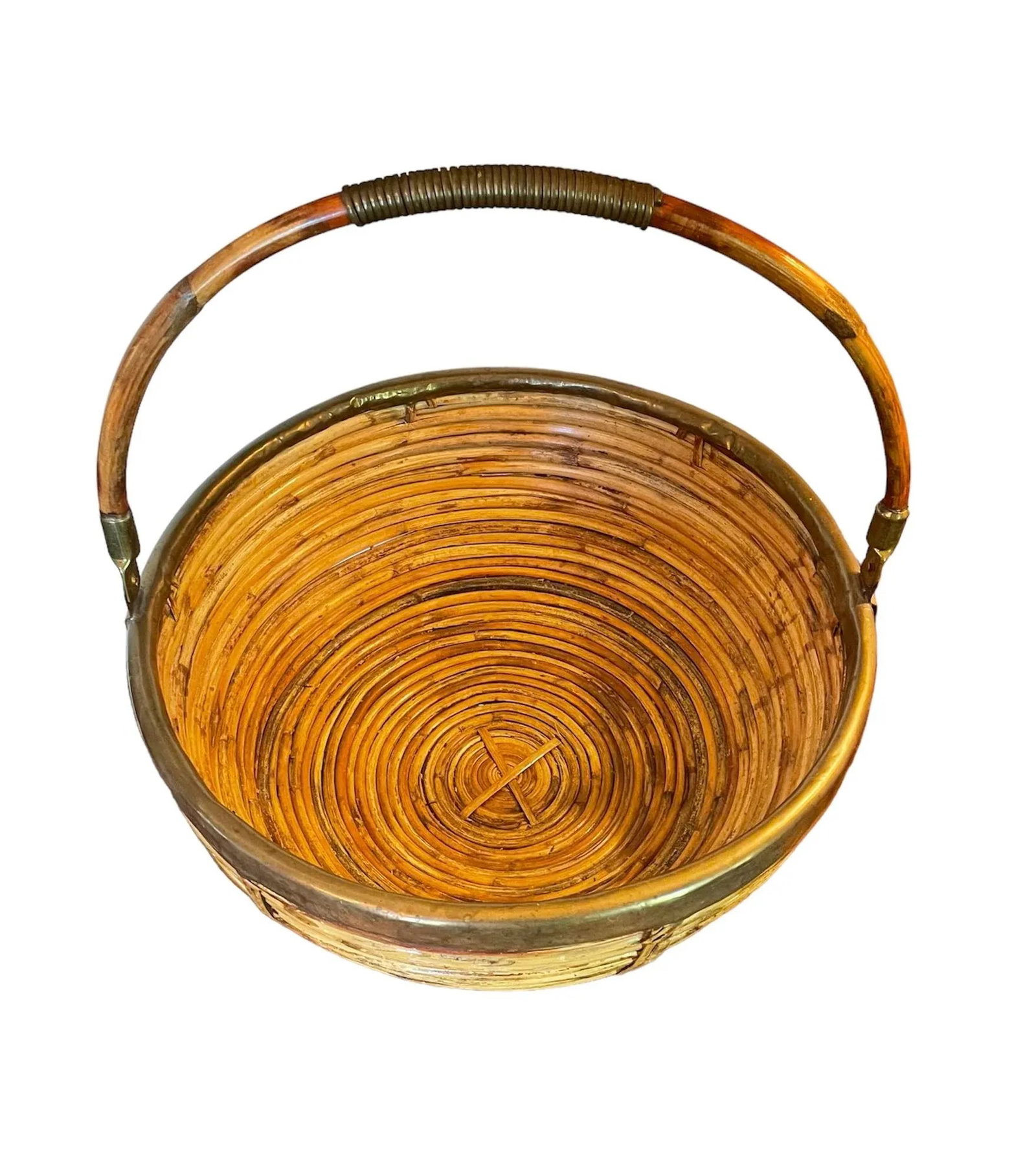 1960s Vintage Gabriella Crespi Style Rattan and Brass Basket With Handle - 6