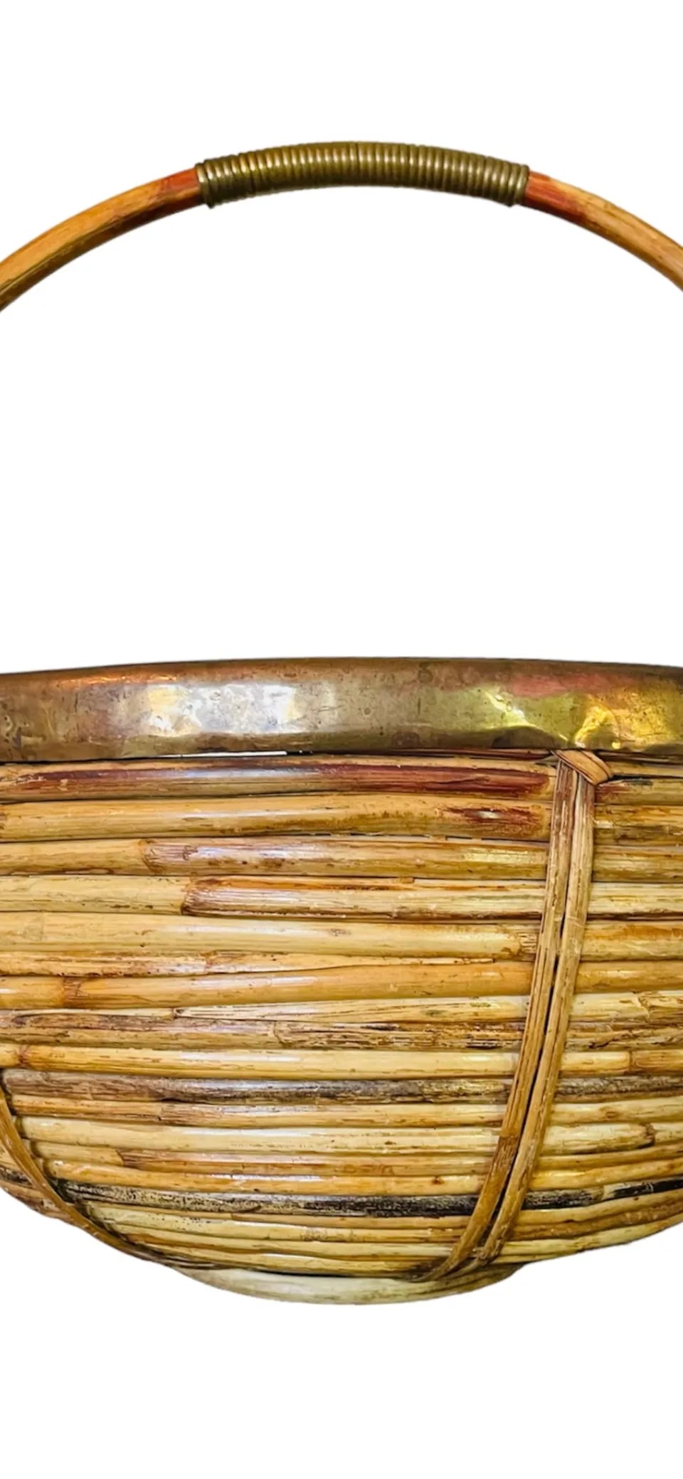 1960s Vintage Gabriella Crespi Style Rattan and Brass Basket With Handle - 7