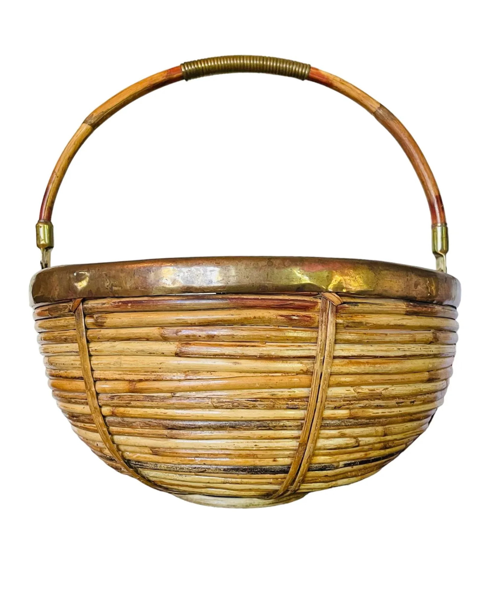 1960s Vintage Gabriella Crespi Style Rattan and Brass Basket With Handle - 9