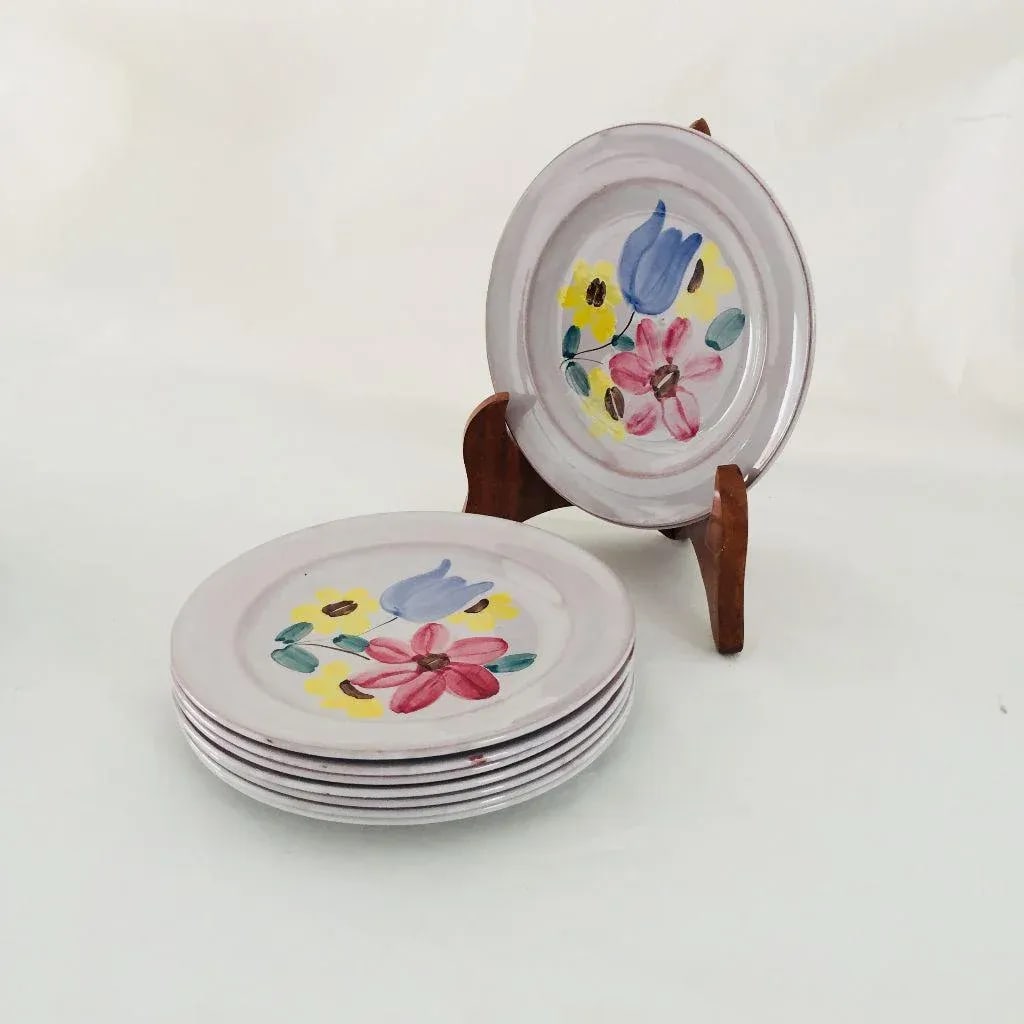Mid-Century Hand Painted Floral Plates - Set of 8 - 3
