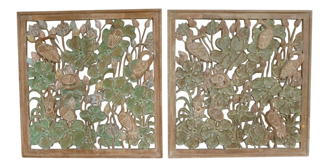 James Mont Style Mid Century Asian Inspired Cranes in Leaves Motif Hand Carved Wood Panels - a Pair (1 of 13)