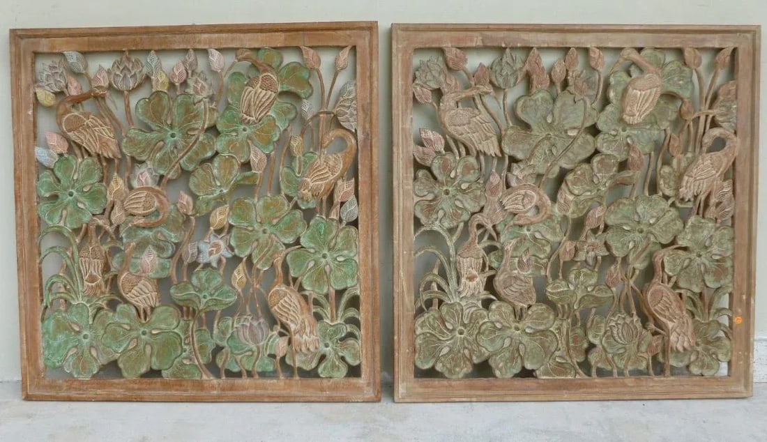 James Mont Style Mid Century Asian Inspired Cranes in Leaves Motif Hand Carved Wood Panels - a Pair - 2