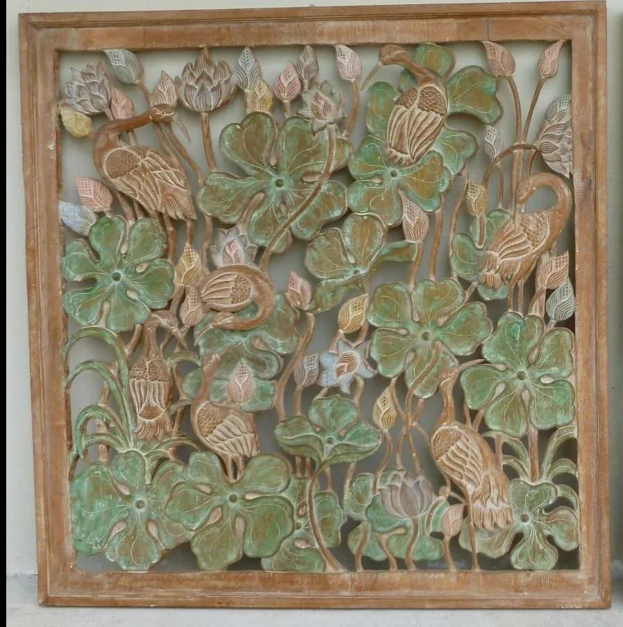 James Mont Style Mid Century Asian Inspired Cranes in Leaves Motif Hand Carved Wood Panels - a Pair - 3