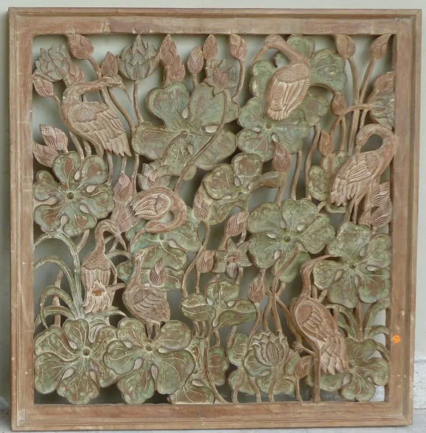 James Mont Style Mid Century Asian Inspired Cranes in Leaves Motif Hand Carved Wood Panels - a Pair - 4