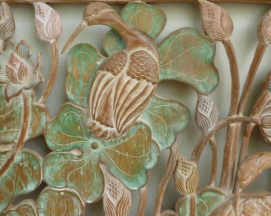 James Mont Style Mid Century Asian Inspired Cranes in Leaves Motif Hand Carved Wood Panels - a Pair - 5
