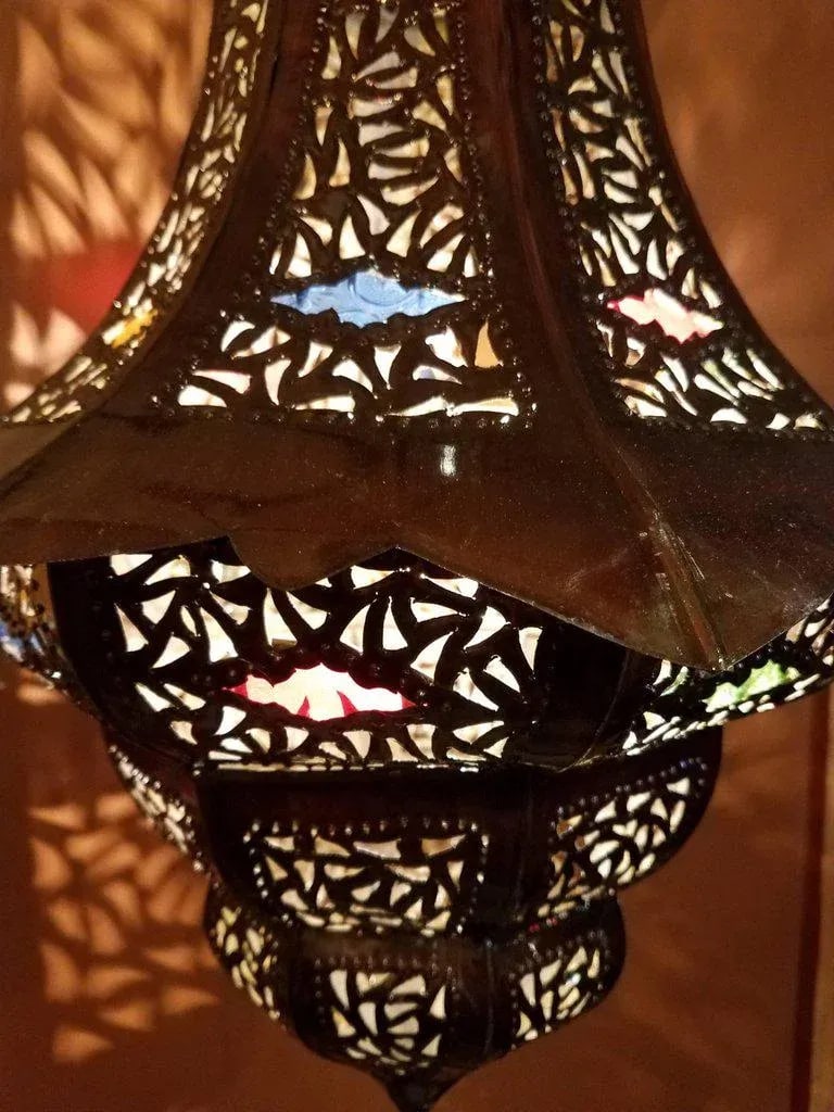 Turkish Moroccan Handmade Copper Finish Multi-Color Glass Metal Lantern - 2