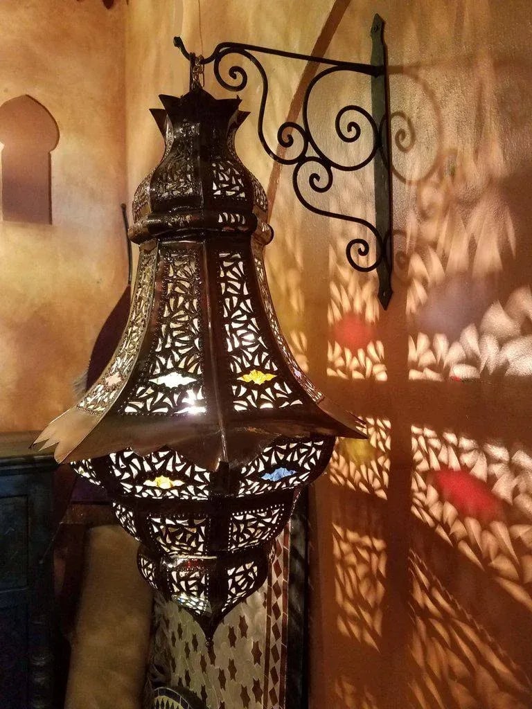 Turkish Moroccan Handmade Copper Finish Multi-Color Glass Metal Lantern - 4