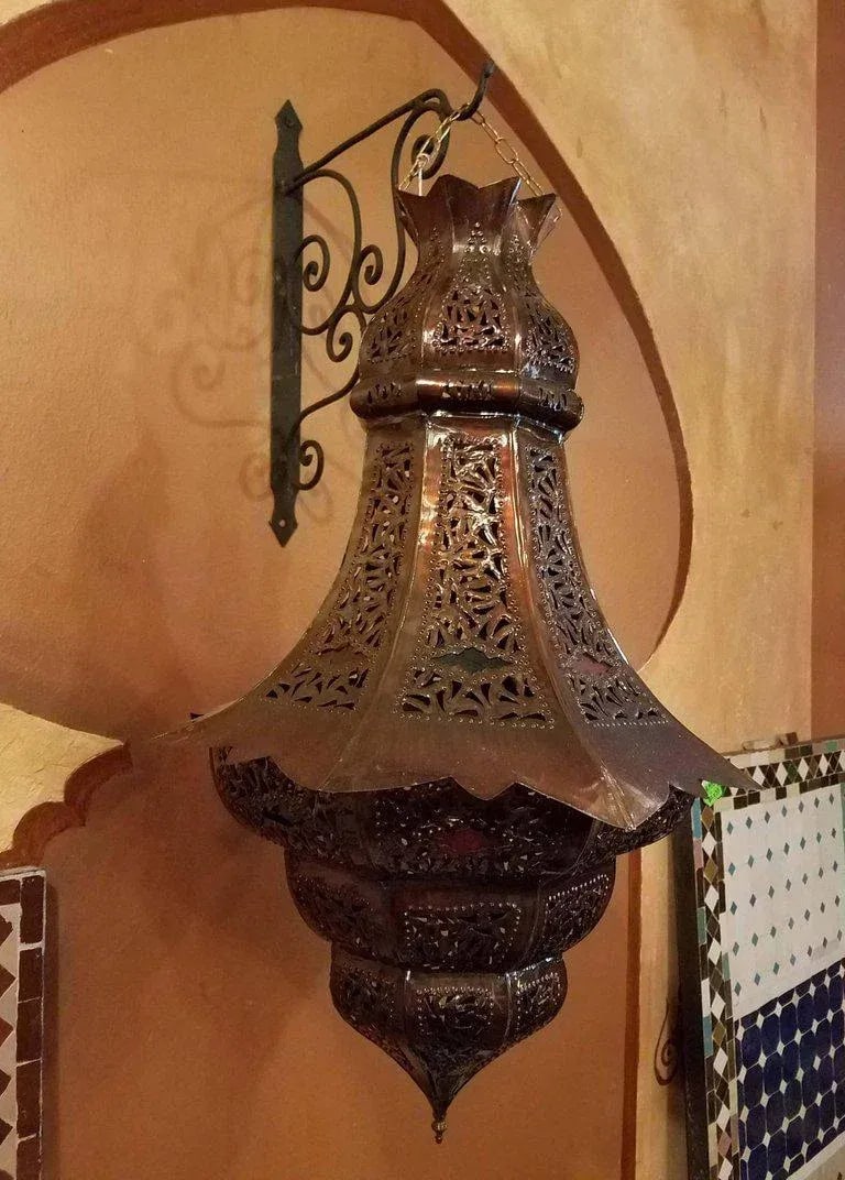 Turkish Moroccan Handmade Copper Finish Multi-Color Glass Metal Lantern - 5