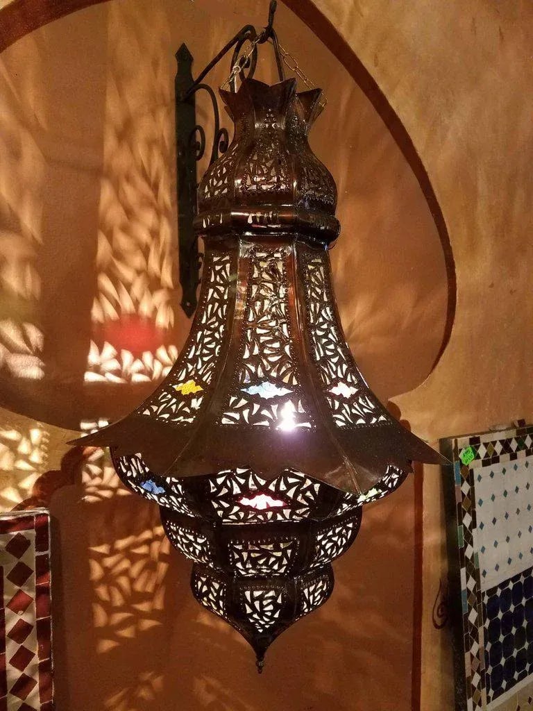 Turkish Moroccan Handmade Copper Finish Multi-Color Glass Metal Lantern - 6