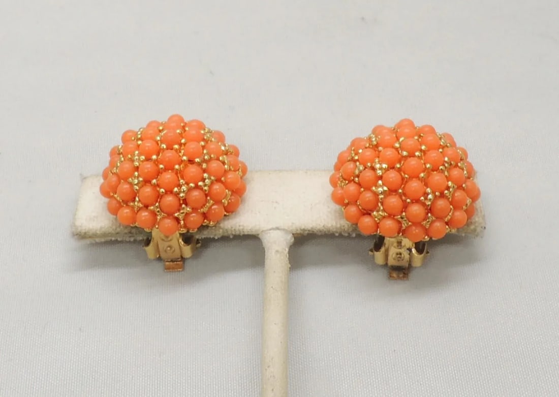 Vintage 1960s Signed Hobe Round Goldtone Faux-Coral Cabochon Clip Earrings - 2 Pieces - 2