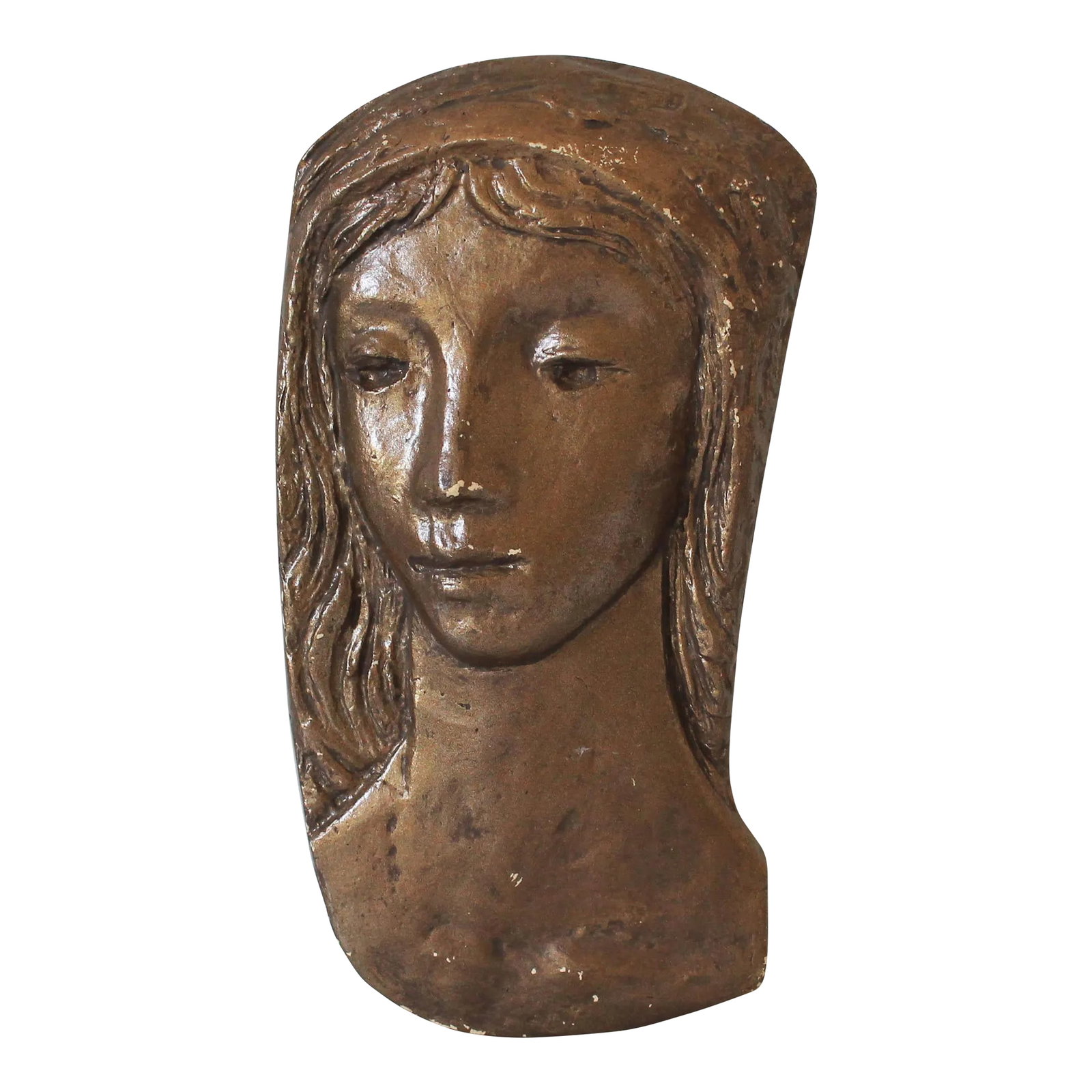Vintage Female Plaster Wall Hanging: Vintage female plaster wall hanging. No makers mark. Some age wear to painted finish. Ready to hang. Condition: Alterations: Original Condition Unaltered Imperfections: Some Imperfections Condition