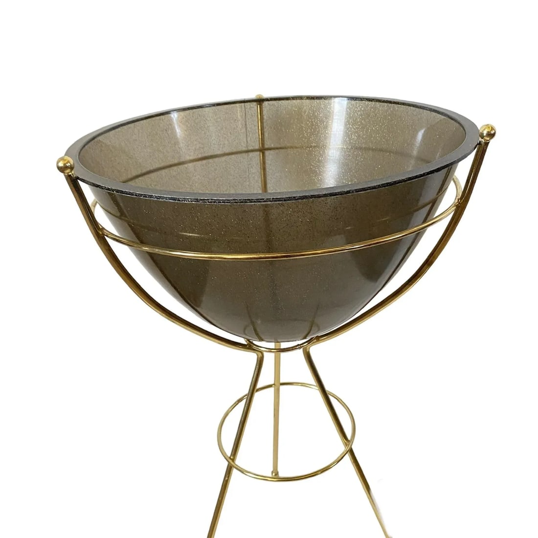 Mid Century Modern Bullet Planter Atomic Smoke Gray Metallic Gold Fleck Brass Tone Plant Stand - 2