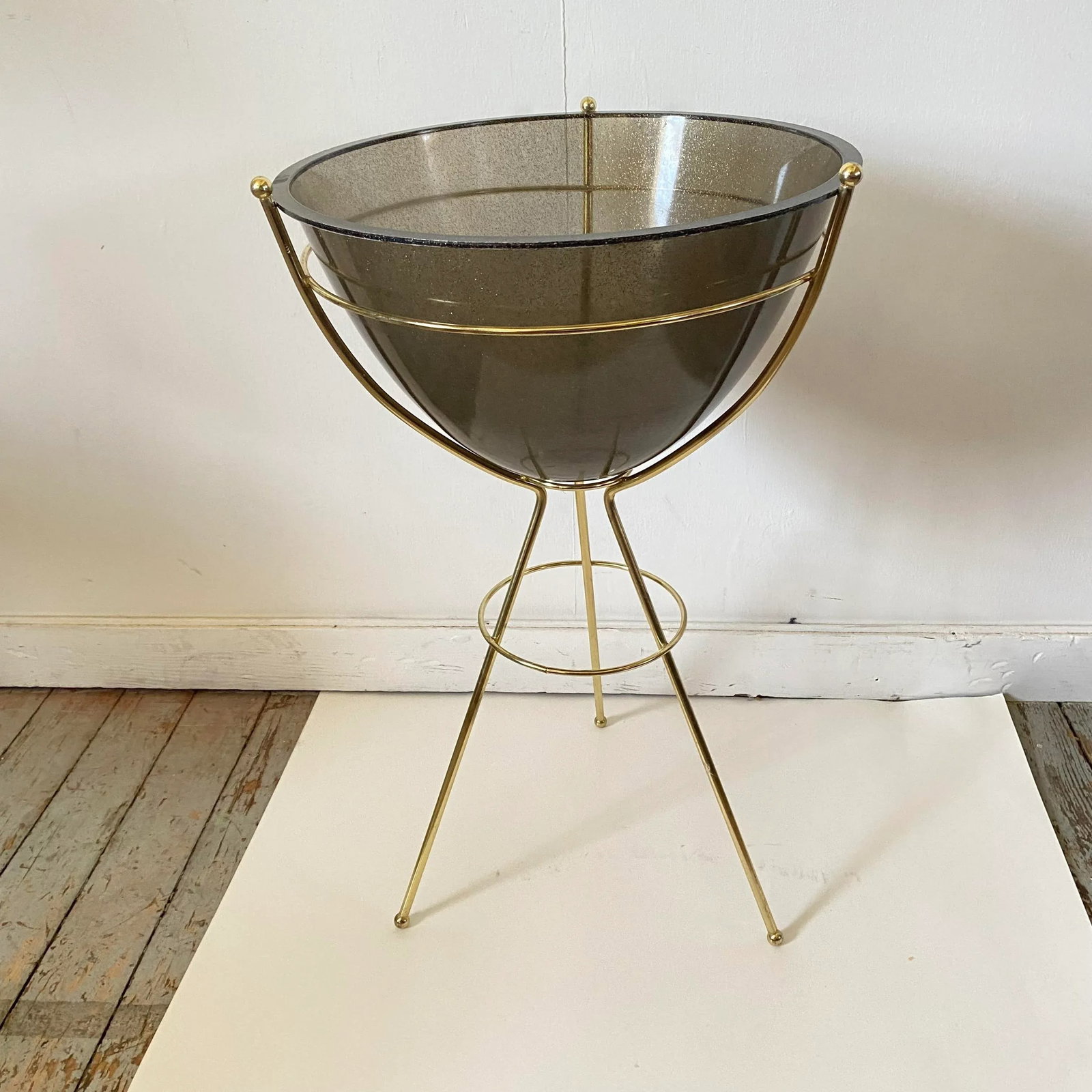 Mid Century Modern Bullet Planter Atomic Smoke Gray Metallic Gold Fleck Brass Tone Plant Stand - 6