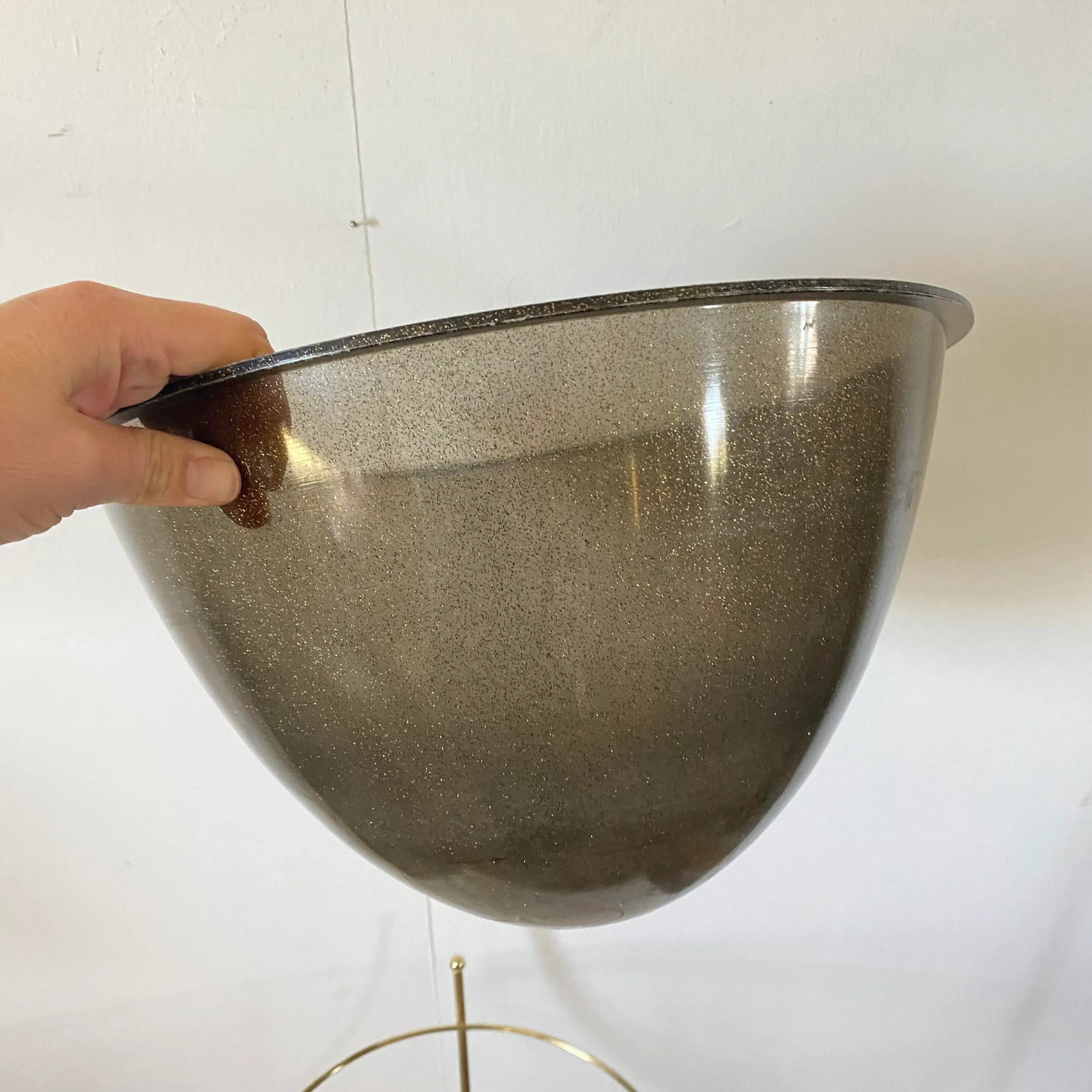 Mid Century Modern Bullet Planter Atomic Smoke Gray Metallic Gold Fleck Brass Tone Plant Stand - 7