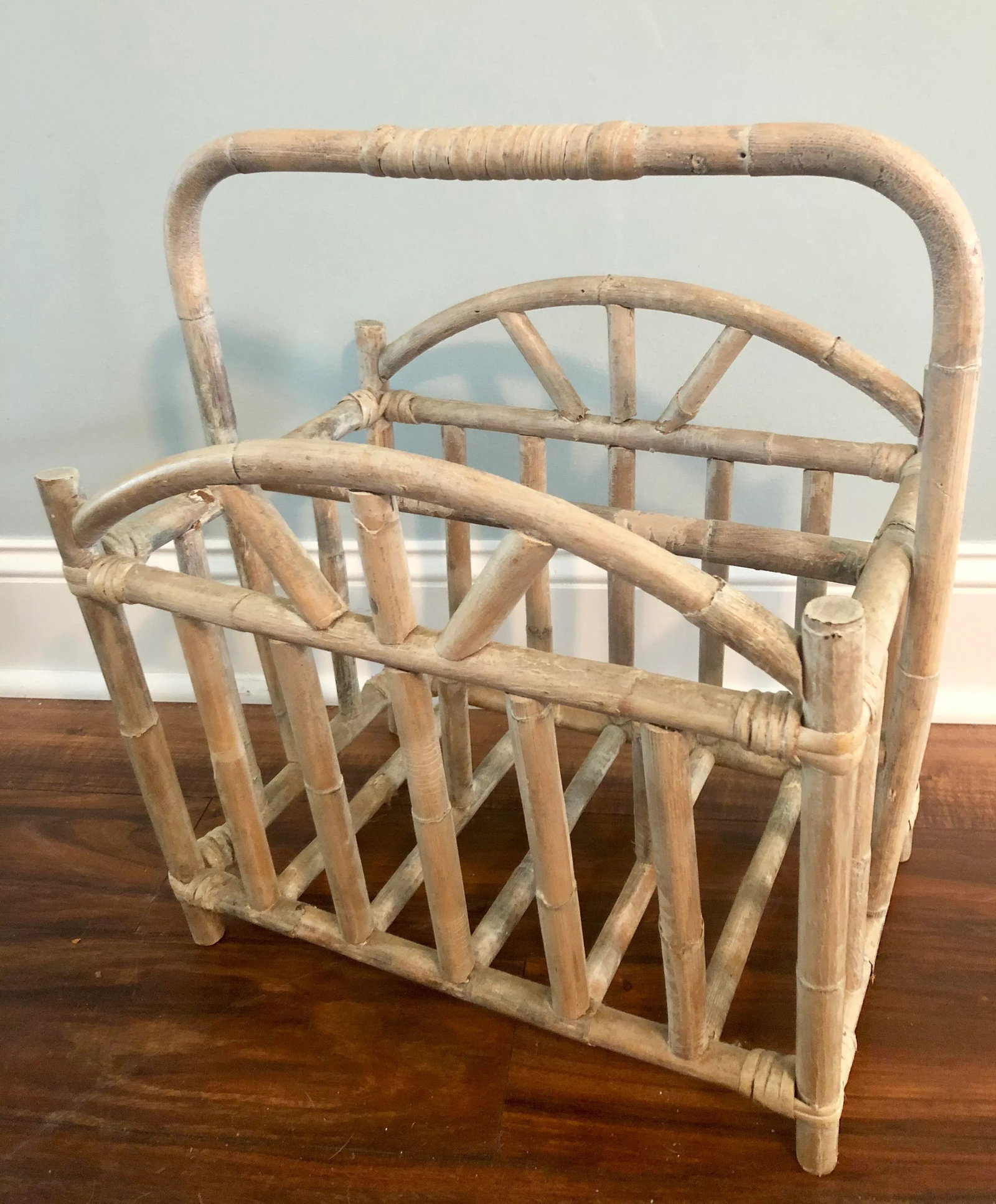 Glazed and Whitewashed Bamboo Rattan Magazine Rack - 2