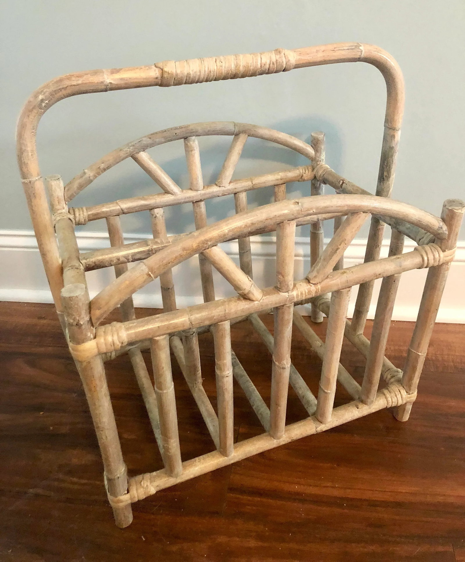 Glazed and Whitewashed Bamboo Rattan Magazine Rack - 3