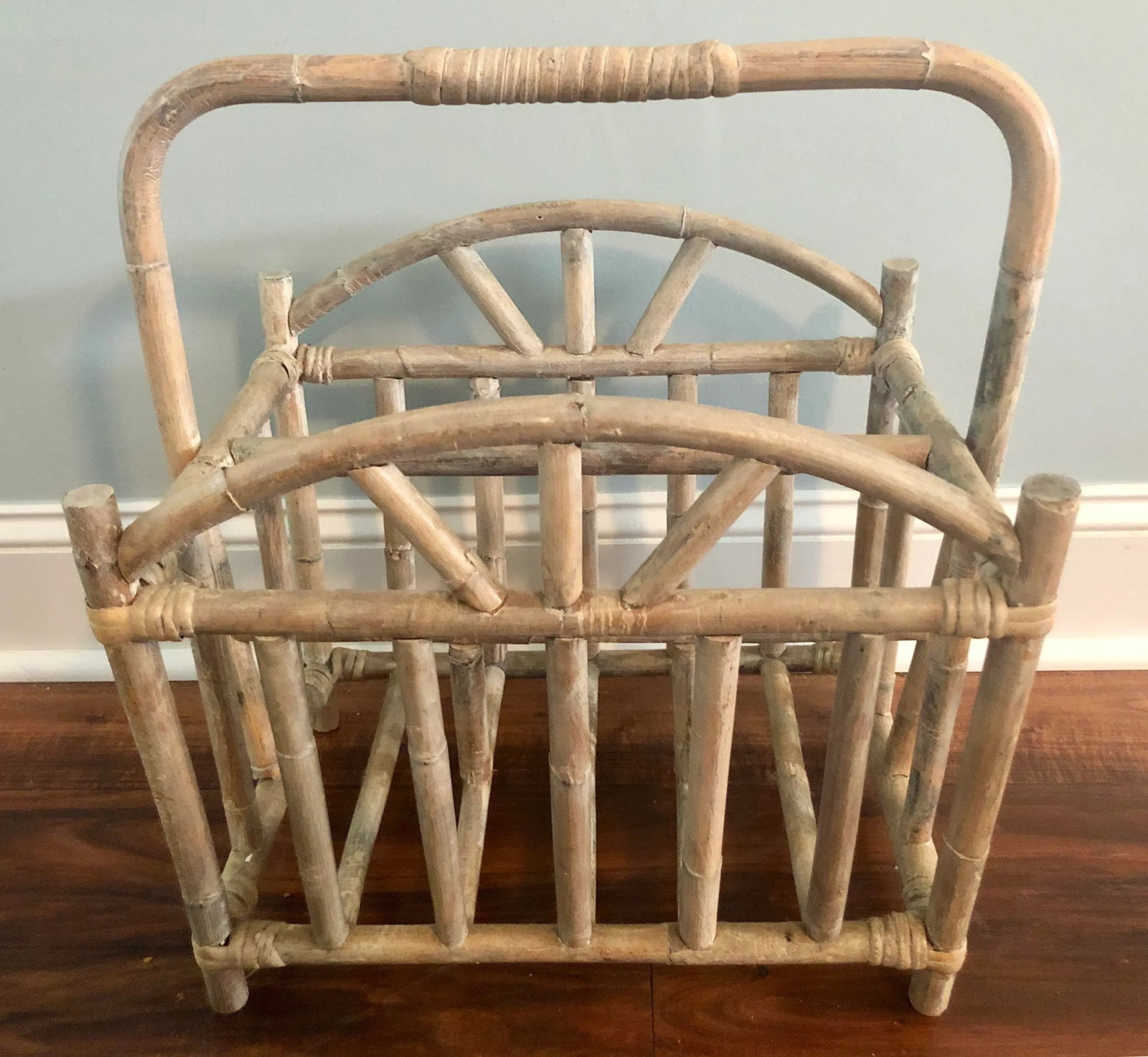 Glazed and Whitewashed Bamboo Rattan Magazine Rack - 5