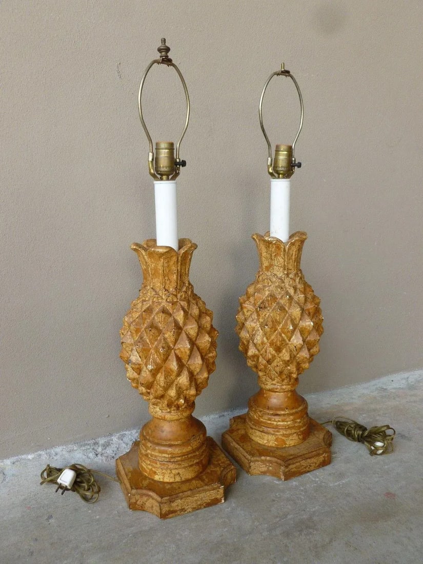 1970s Italian Haute Design Carved Wood Pineapple Lamps - a Pair - 2