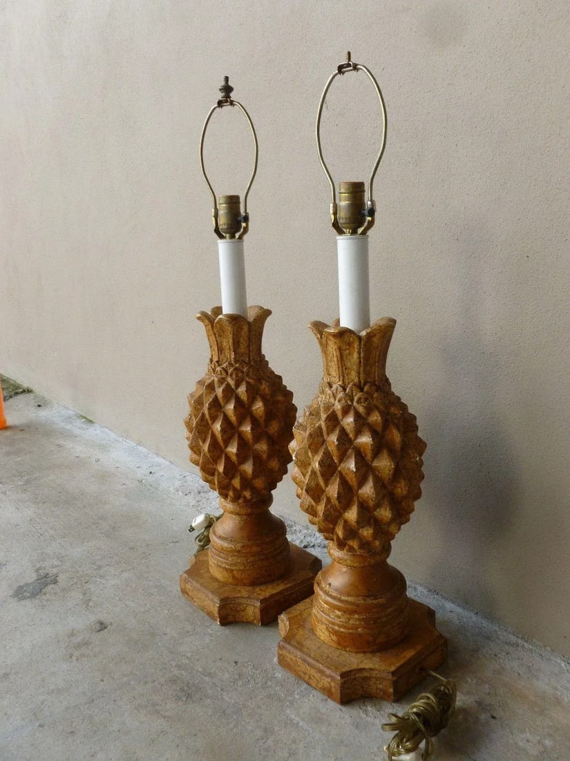 1970s Italian Haute Design Carved Wood Pineapple Lamps - a Pair - 3