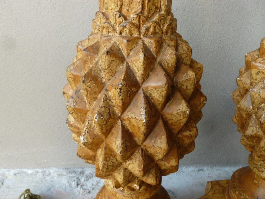1970s Italian Haute Design Carved Wood Pineapple Lamps - a Pair - 4