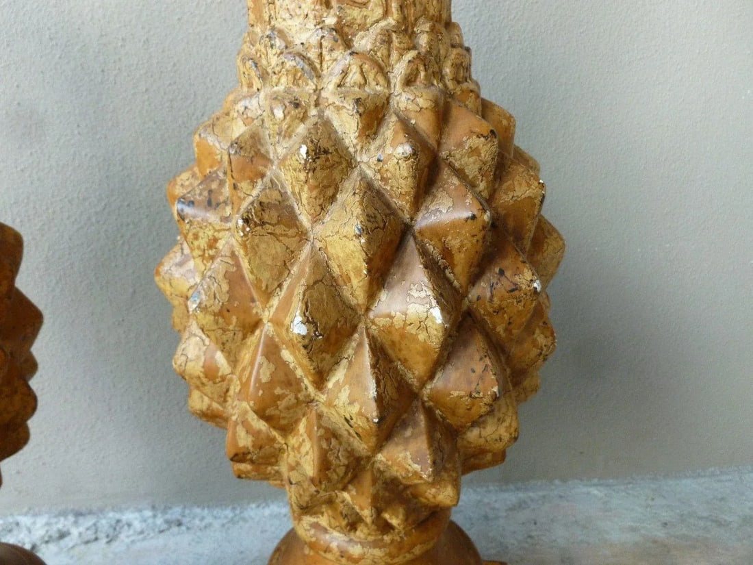 1970s Italian Haute Design Carved Wood Pineapple Lamps - a Pair - 5