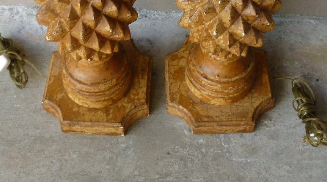 1970s Italian Haute Design Carved Wood Pineapple Lamps - a Pair - 6