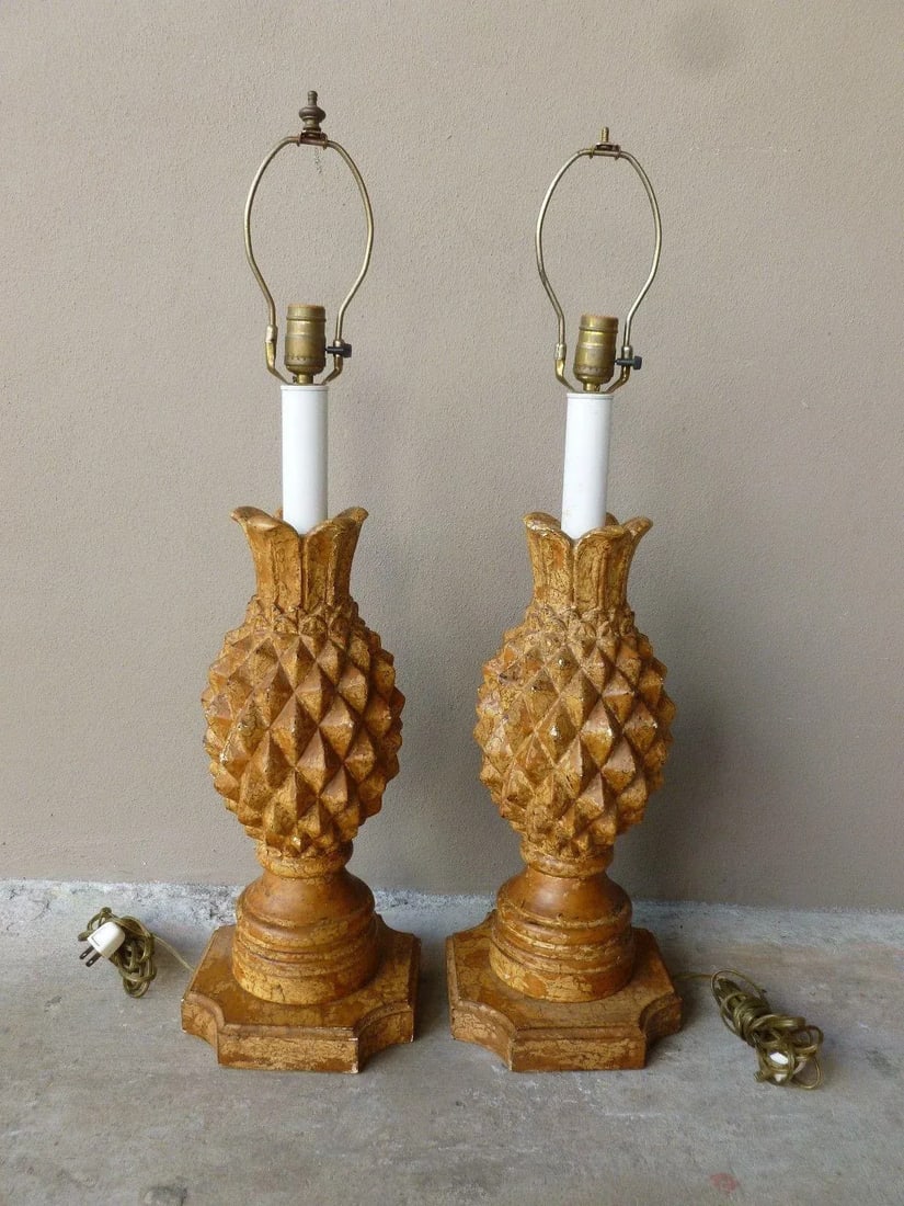1970s Italian Haute Design Carved Wood Pineapple Lamps - a Pair - 8