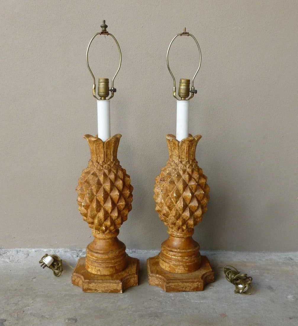1970s Italian Haute Design Carved Wood Pineapple Lamps - a Pair - 9