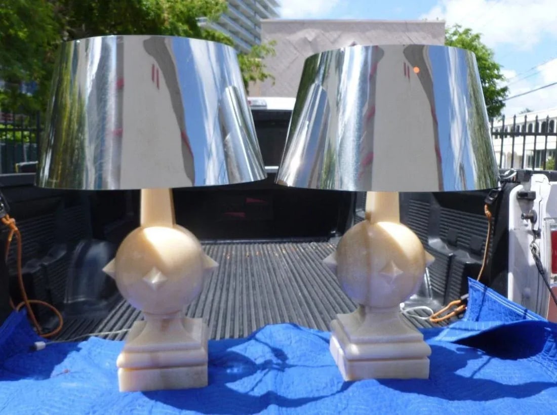 1970s Vintage Arthur Pani Style Onyx Lamps & Chrome Shades - a Pair - 11