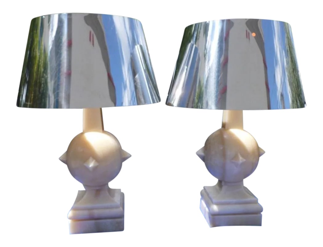 1970s Vintage Arthur Pani Style Onyx Lamps & Chrome Shades - a Pair: This is an amazing pair of Arthur Pani Style onyx lamps with chrome shades. These lamps were very expensive new and cost over 12,000 a pair in the seventies. Condition: Alterations: Original