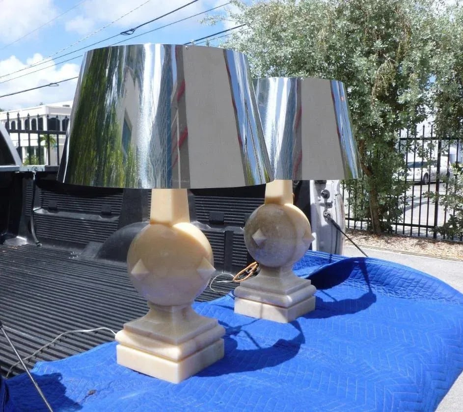 1970s Vintage Arthur Pani Style Onyx Lamps & Chrome Shades - a Pair - 3