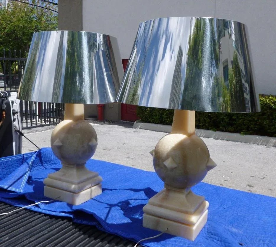 1970s Vintage Arthur Pani Style Onyx Lamps & Chrome Shades - a Pair - 4