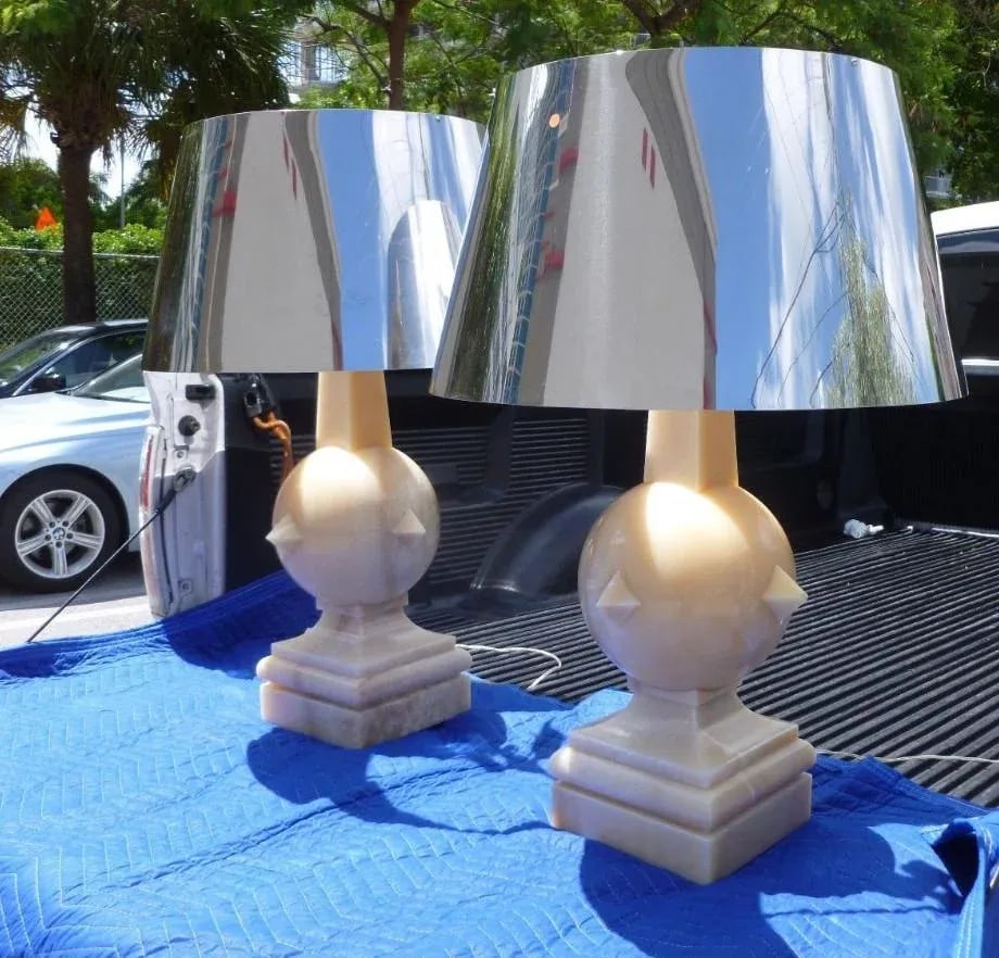 1970s Vintage Arthur Pani Style Onyx Lamps & Chrome Shades - a Pair - 5