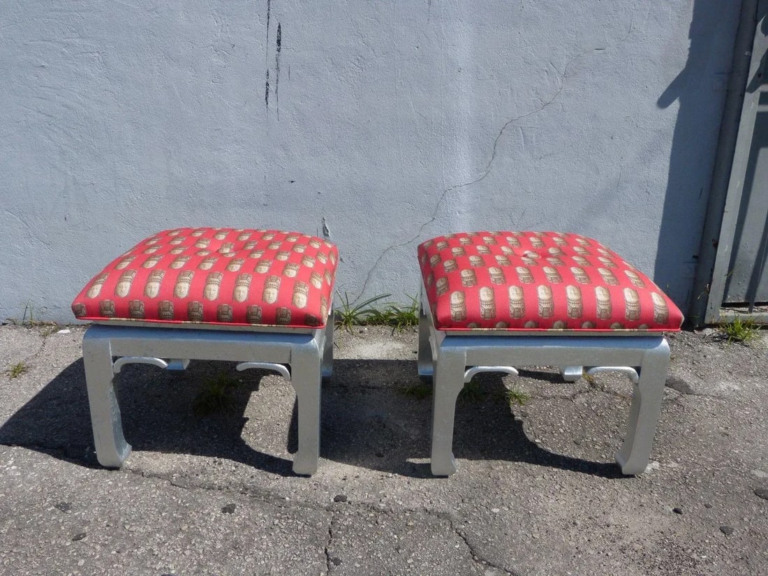 Pair of Mid-Century Hollywood Regency Chinoiserie James Mont Style Foot Stools - 9