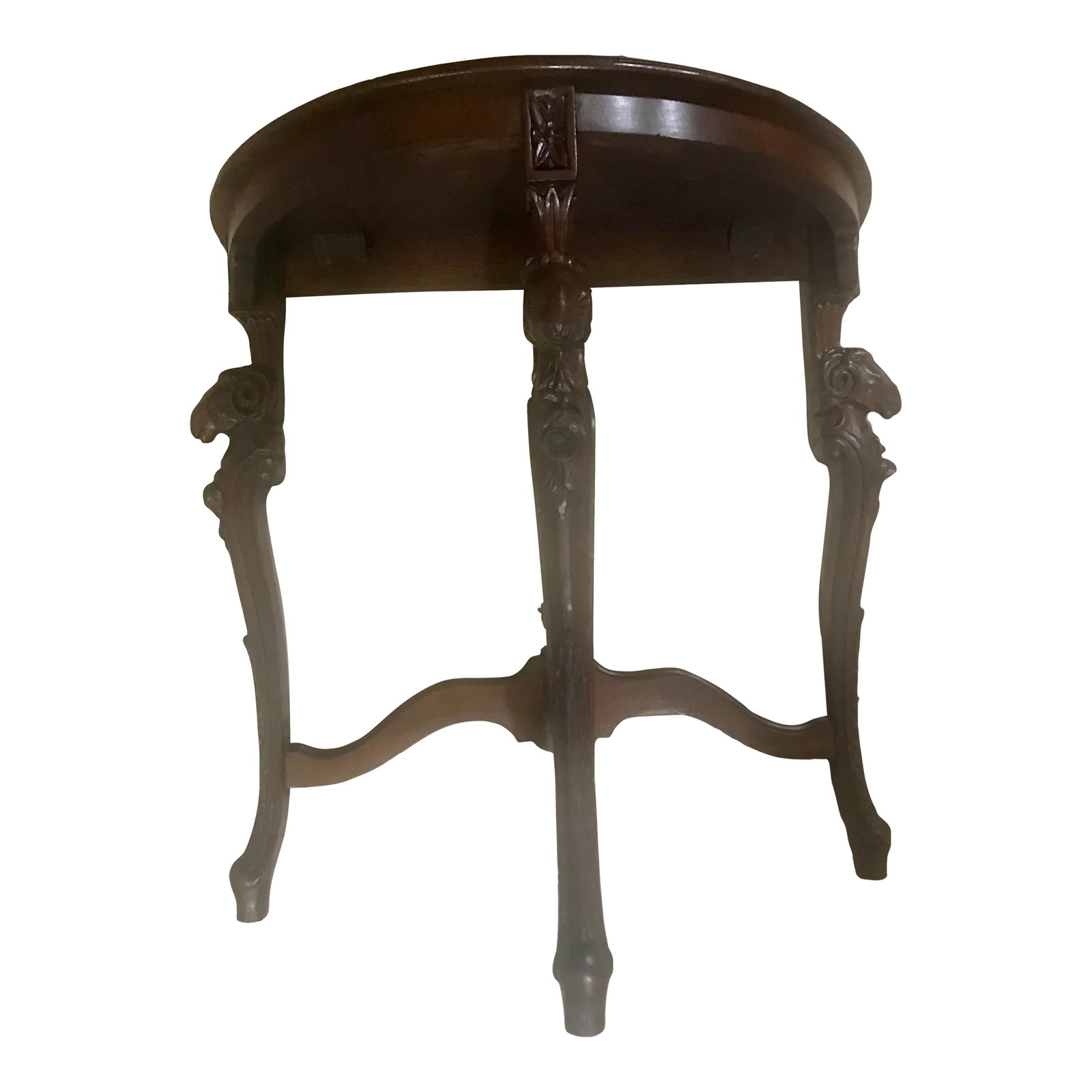 Mid 19th Century Antique Rams' Heads, Walnut Wall Table, Demi-Lune: What a great accent table for a small foyer, hallway or by the back door-this Demi-lune sets snug to the wall, but can still hold all of your necessities! Such a perfect, petite size and shape-not to